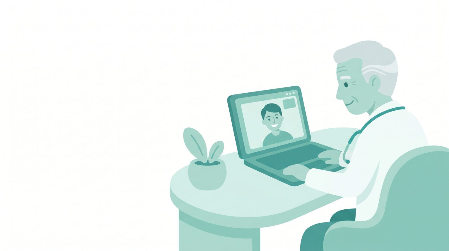 Illustration: Dr. Herzberg bei einer Online-Videosprechstunde